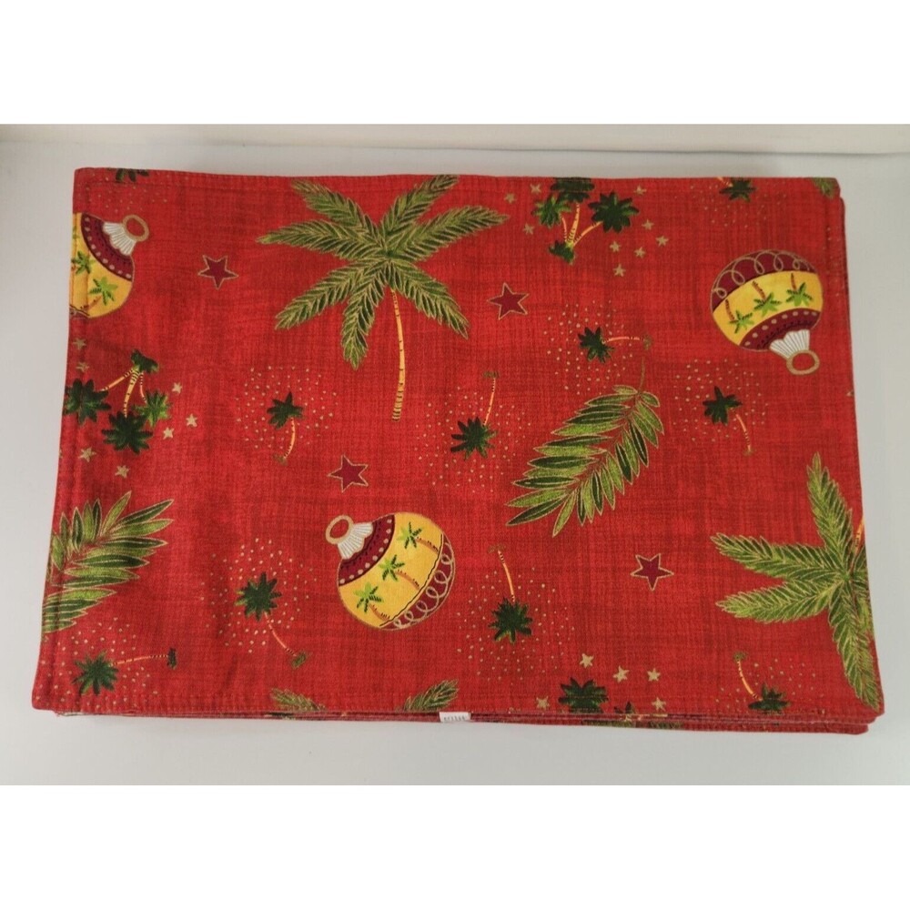 Vtg Christmas Placemats Set of 8 Tree Ornaments Palm Trees Tropical Red Holiday